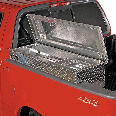 white truck with metal tool box|72 side mount tool box.